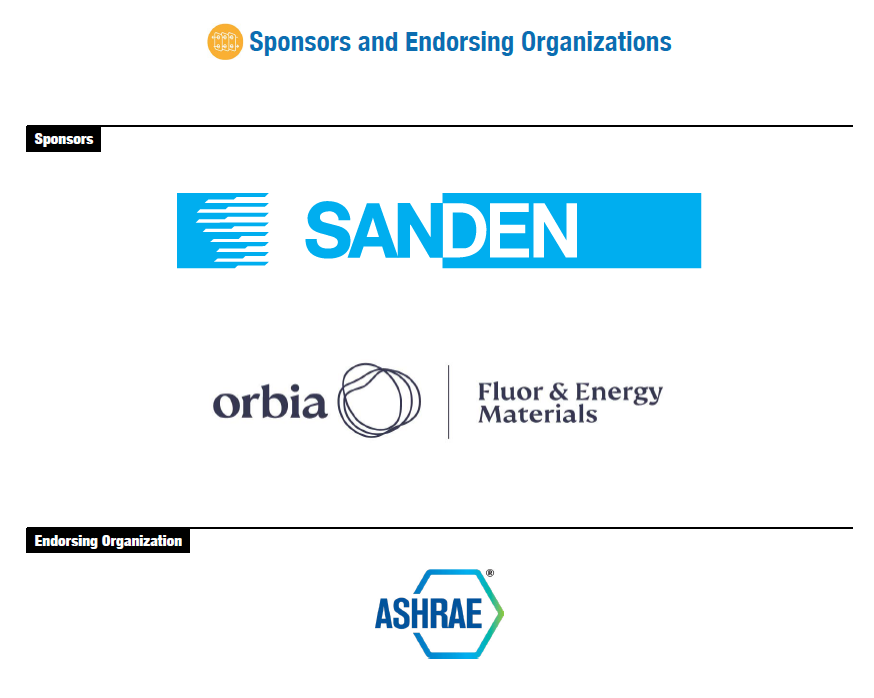 Logos for Sponsors: Sanden and Orbia; Logo for Endorsing Organization: ASHRAE
